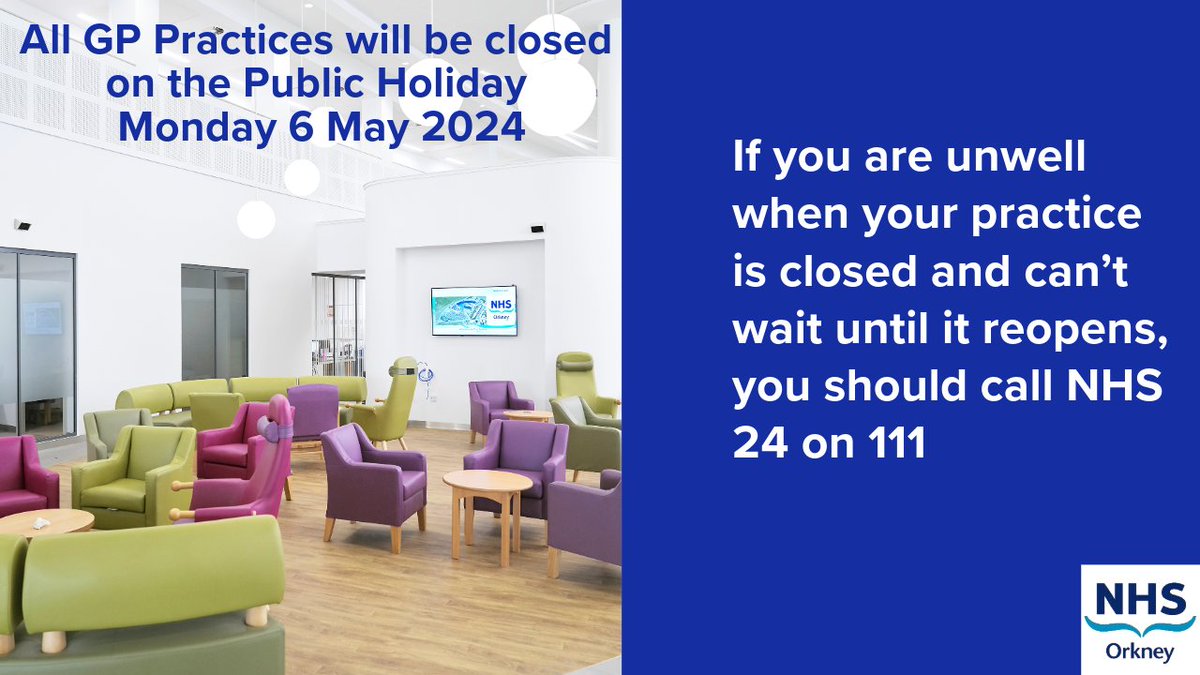 All GP surgeries will be closed on the Public Holiday - Monday 6 May 2024, in an emergency you can contact a GP in the same way as routine evening/weekend cover. If you are ill when your practice is closed, you should call NHS 24 on 111. More at 👉ohb.scot.nhs.uk/news/monday-6-…