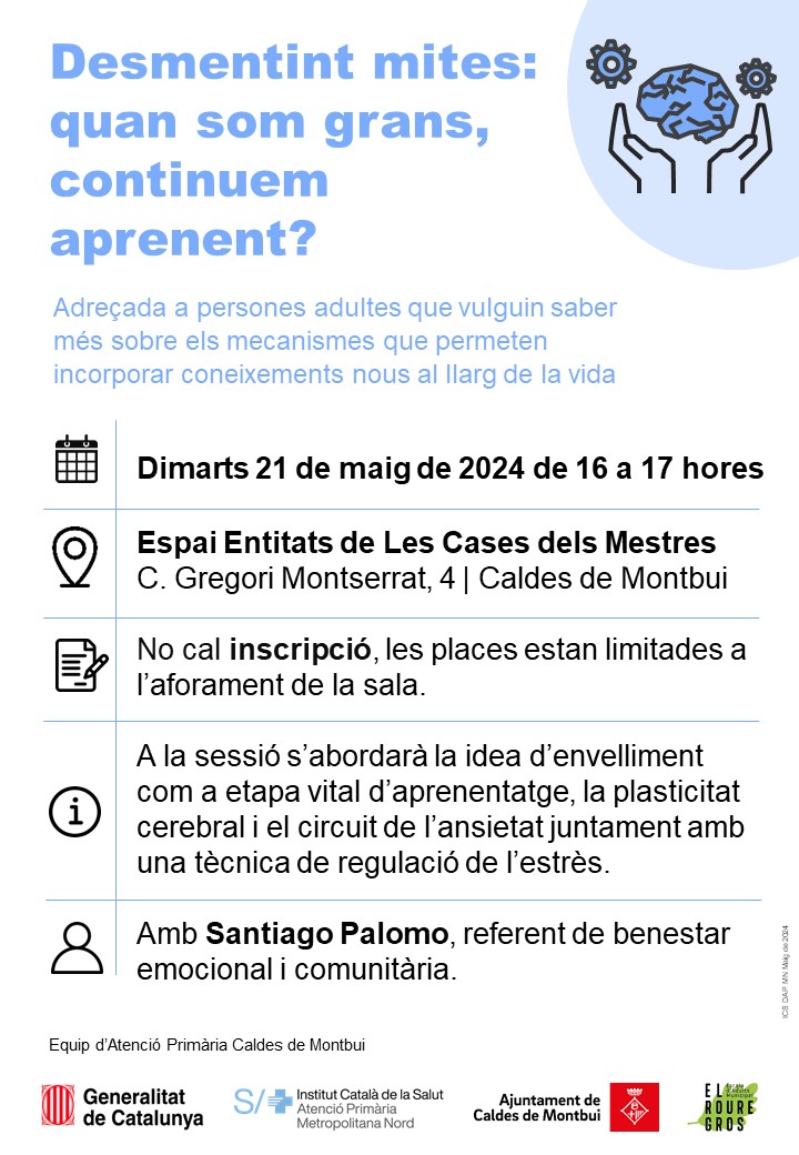 📌 Quan som grans, continuem aprenent? xerrada adreçada a persones adultes sobre els mecanismes d'aprenentatge organitzada pel #CAPJoanMirambell #Caldes de Motbui i @AjCaldesMontbui    🗓️ dimarts 21 de maig 🕘 16 a 17h 📍 Espai Entitats Les Cases dels Mestres 🟢 Entrada lliure