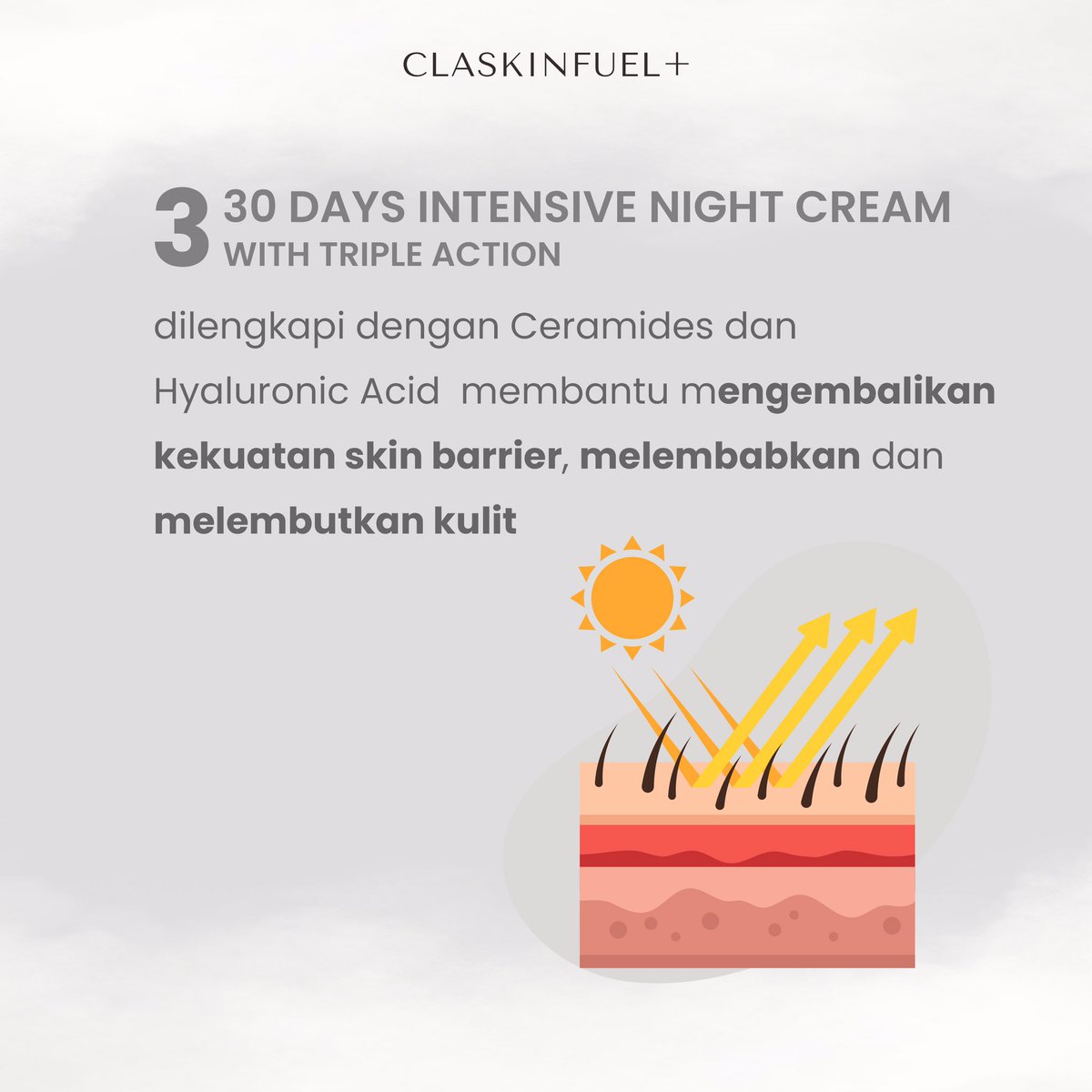 Kamu cari night cream yang punya manfaat lebih banyak yaa pakai 30 Days Intensive Night Cream 

#claskinfuel #claskinfuelforyourglow #skincare #brighteningskincare #acneskincare #alltypeskin #oilyskin #dryskin #nightcream