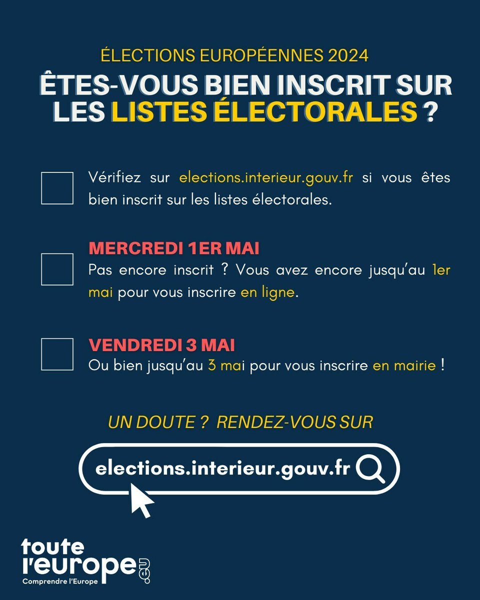 Êtes-vous bien inscrit sur les listes électorales ? ➡️ l.touteleurope.eu/gW Si ce n'est pas le cas, vous avez encore 📍 Jusqu'au 1er mai pour vous inscrire en ligne 📍 Jusqu'au 3 mai pour vous inscrire en mairie