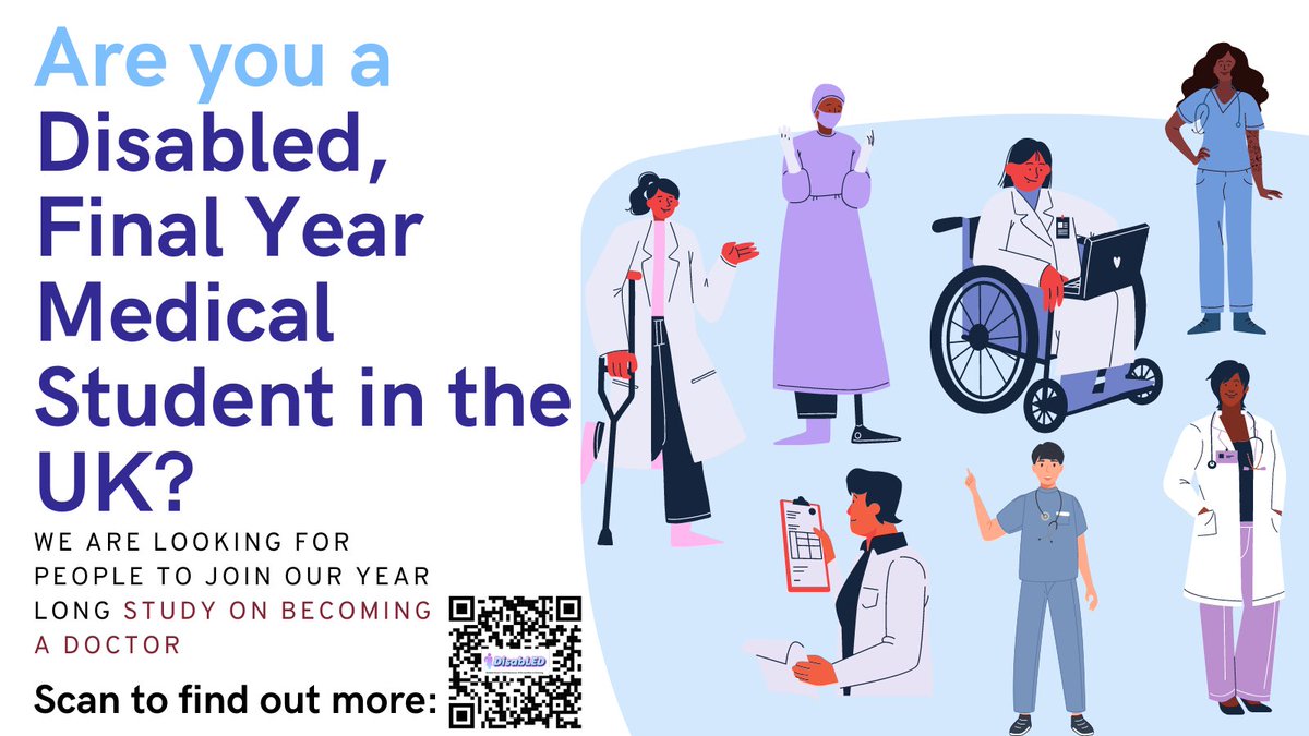 Are you a UK #Disabled final year #MedicalStudent? We are recruiting for our study which will explore the transition to becoming a dr. Understanding this will help us improve available support. Interested? Fill in this form today: forms.gle/aJW4QrvykMsFWu… Pls retweet🙏