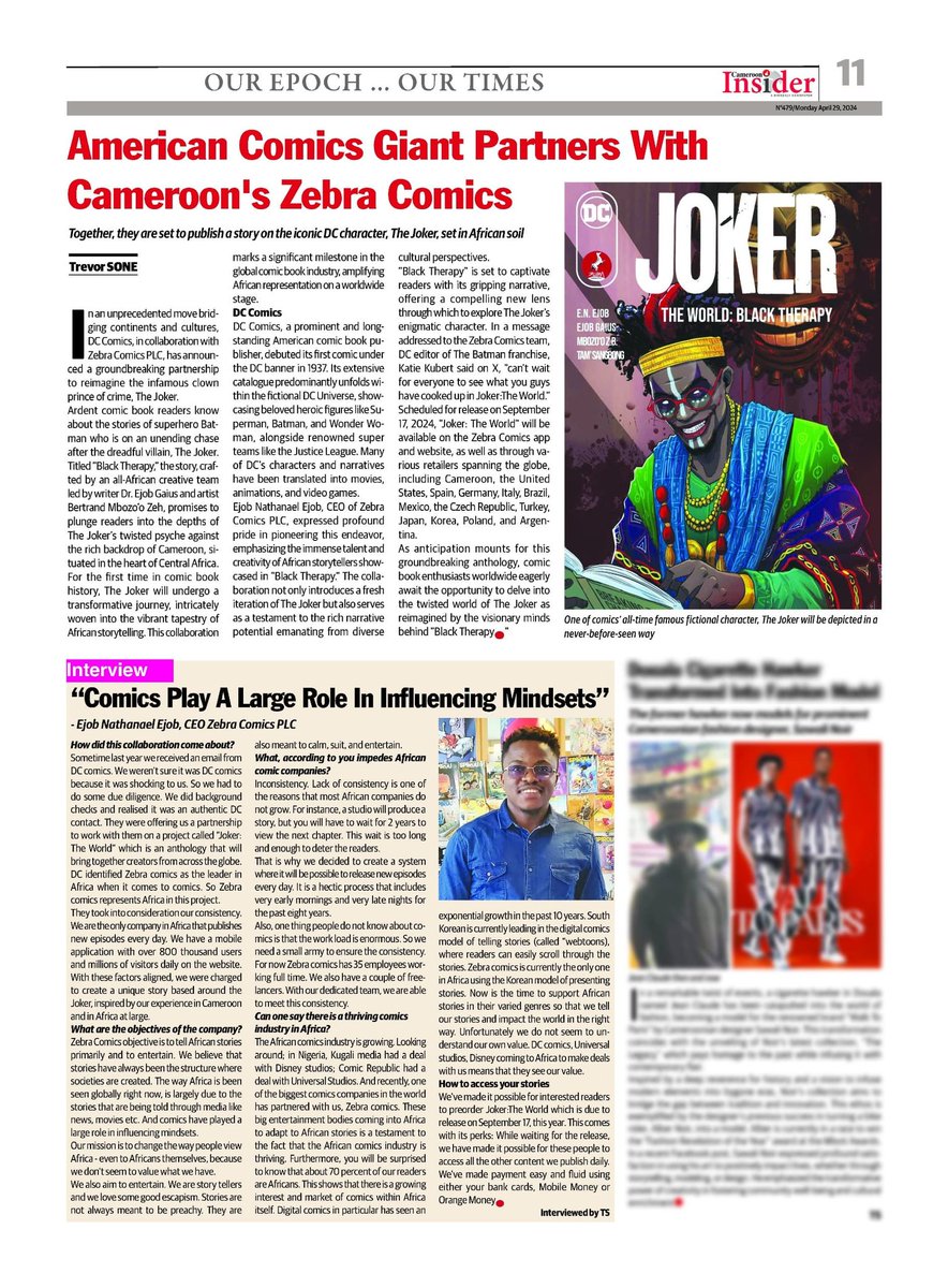 zebracomicsplc's tweet photo. THIS MORNING ON CAMEROON INSIDER! 

The Joker is coming to Africa on September 17, 2024. Discover how this came to be on today's edition of the newspaper CAMEROON INSIDER

Support African storytelling today by preordering this groundbreaking comic in the links below. Continue following us for more on info on this collaboration. 

Android app: https://t.co/F7SGUksDD7

iOS app: https://t.co/OILYjVdYMU

Website: https://t.co/OILYjVdYMU

#comics #thejoker #bandedessinee #africancomics #dccomics #collaboration