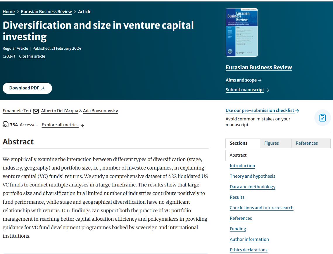 📢Freely accessible from 1 May until 26 June 2024📢 Eurasian Business Review: Diversification and size in venture capital investing by E. Teti, A. Dell’Acqua & A. Bovsunovsky doi.org/10.1007/s40821… Wishing you an enjoyable read! @ebesofficial @mvivarel