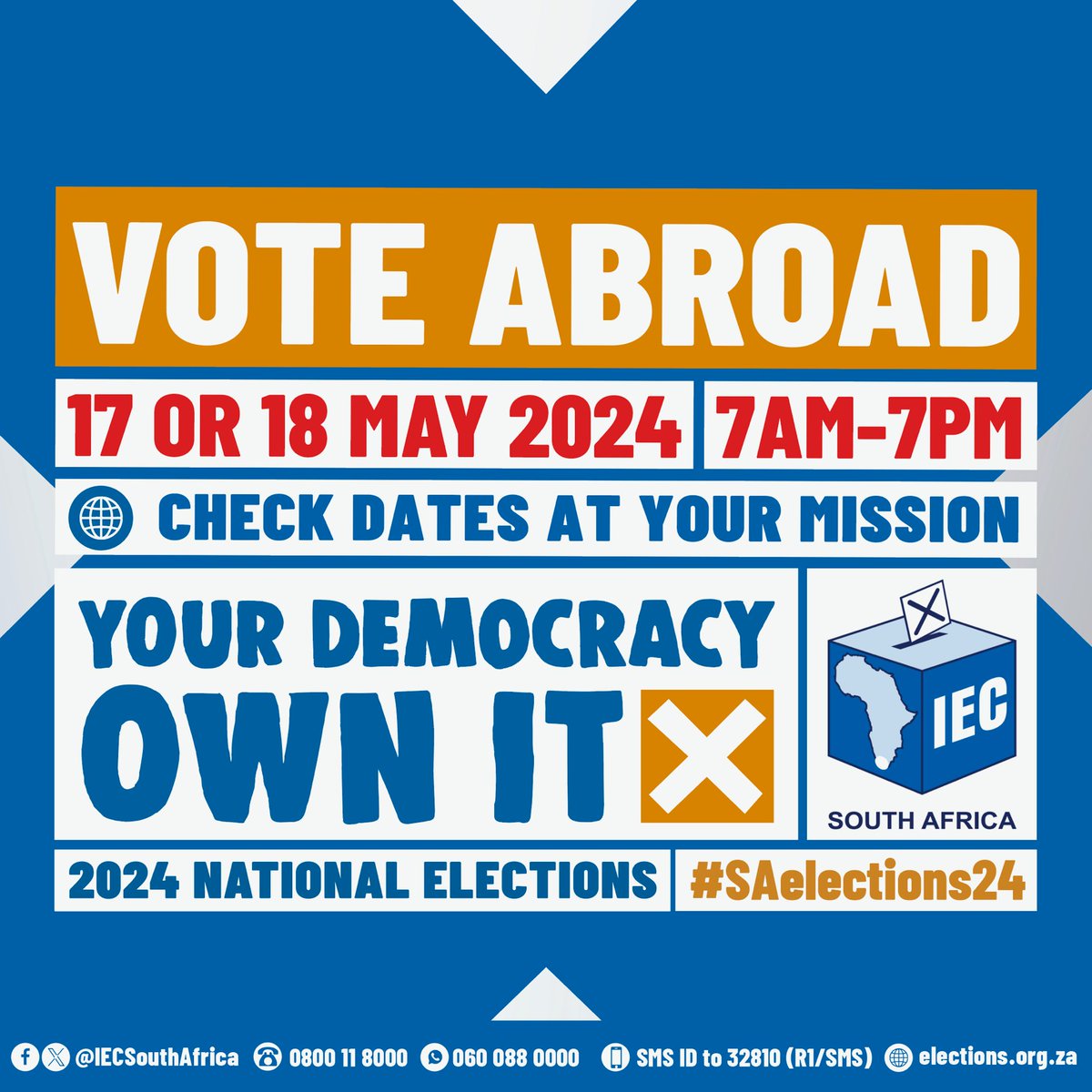 📌Notice to SA citizens abroad: The 2024 National Election is coming, and you have only ONE day to vote! Check your date: ☑️Sunday-Thursday work weeks: Friday, 17 May, 7am-7pm ☑️Monday-Friday work weeks: Saturday, 18 May, 7am-7pm Be sure to confirm with your South African…