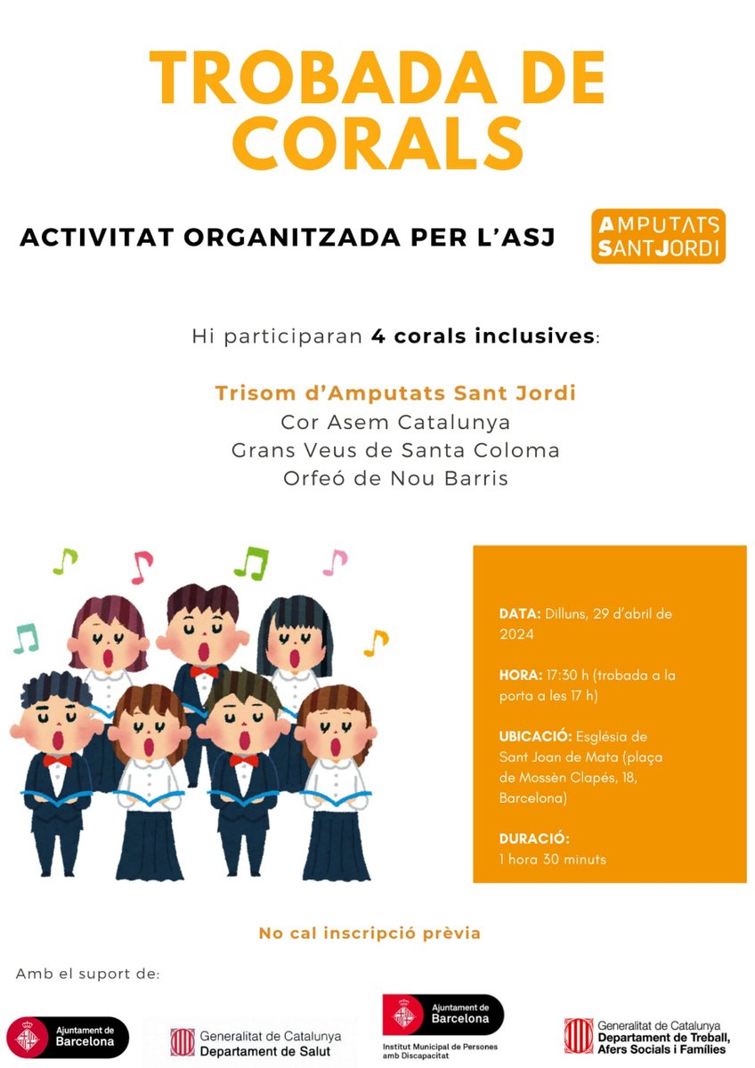TROBADA DE CORALS
Activitat organitzada per @AmputatsStJordi
Dia: Avui 29 d'abril de 2024
Hora: 17.00 h

#asemcatalunya #discapacitat #discapacidad #barcelona #catalunya #malaltiesneuromusculars #inclusio #inclusion #inclusionsocial #cantocoral #musica #coralmusical