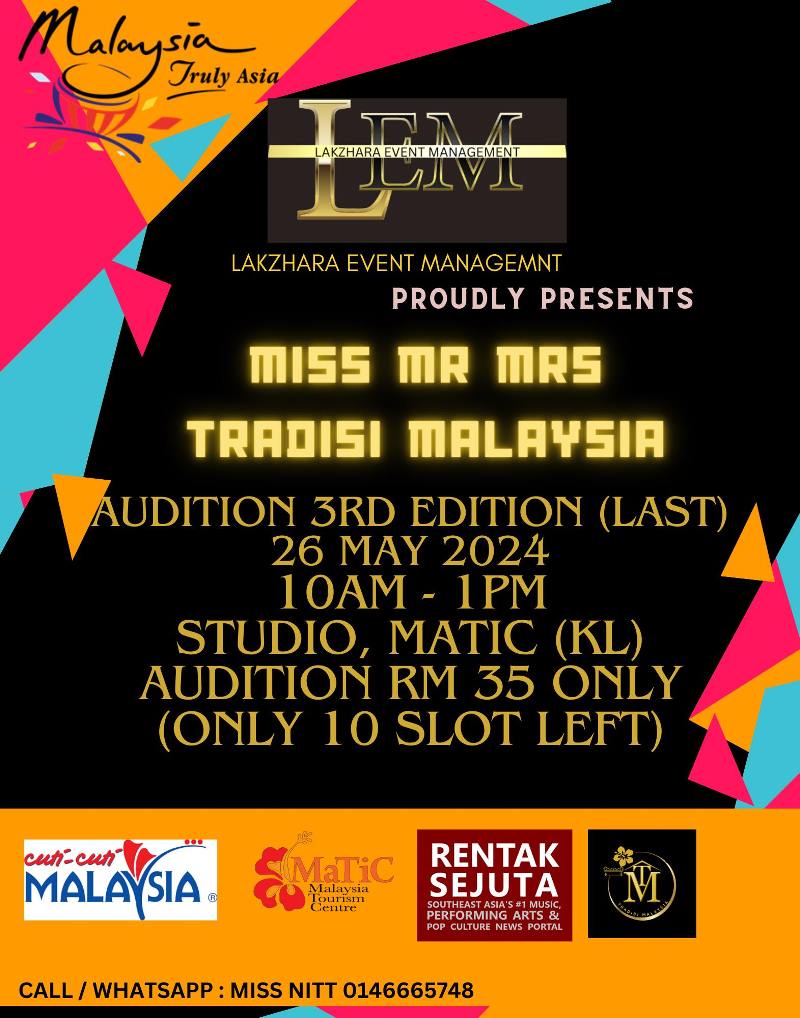 Miss, Mr & Mrs Tradisi Malaysia 2024 Last Audition @ Studio, MaTiC, Kuala Lumpur (26/5/2024).

Link:
1in1m.proboards.com/thread/23596/t…

#MissMrMrsTradisiMalaysia2024 #MMMTM2024 #LEM #LAKZHARAEventManagement #MyMOTAC #MaTiC #MalaysiaTrulyAsia #CutiCutiMalaysia #RentakSejuta @MaticMY