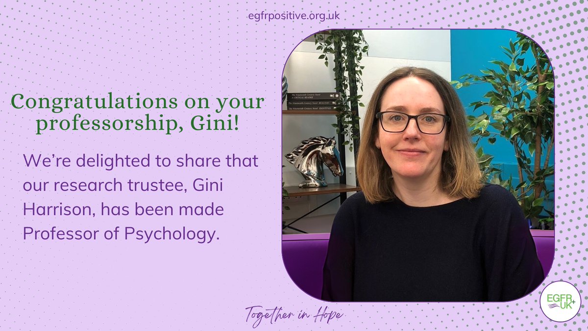 🎉Thrilled to share our research trustee @GiniHarrison  has been made Prof of Psychology. Gini is a key member of the #EGFR+ community & since her diagnosis has dedicated her efforts to supporting research advances & enhancing support for those with #LungCancer. Congrats Gini! 💜