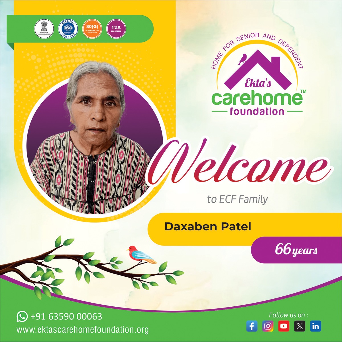 ECF warmly welcomes Daxaben Patel

#ektascarehomefoundation #gratfulthankfulblessed #assistedlivingfacility #carehome #pallativecare  #welcome #pallativecare #elderhome #eldercare #seniourlivingcommunity #PersonalDevelopment #seniorcircle  #PatientCare #Vadodara #Gujarat