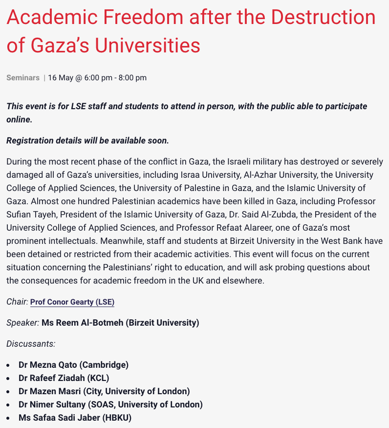 @LSELaw Event Academic Freedom after the Destruction of Gaza’s Universities 16 May 2024 lselaw.events/event/academic…
