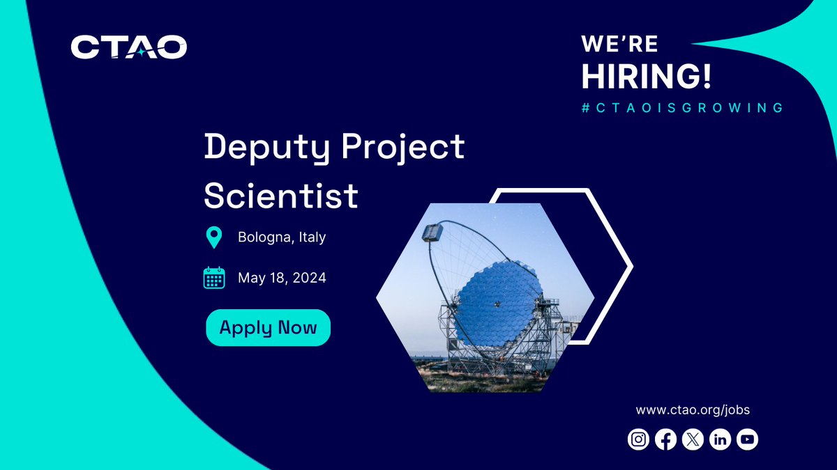 #CTAOisgrowing! We’re hiring a Deputy Project Scientist to:
✨Contribute to CTAO research activities development.
💻Coordinate Science Data Challenges.
📋Aid in commissioning and science verifications.

Read more &amp; apply: lnk.bio/s/eca22
Deadline: 18 May
#jobopportunities