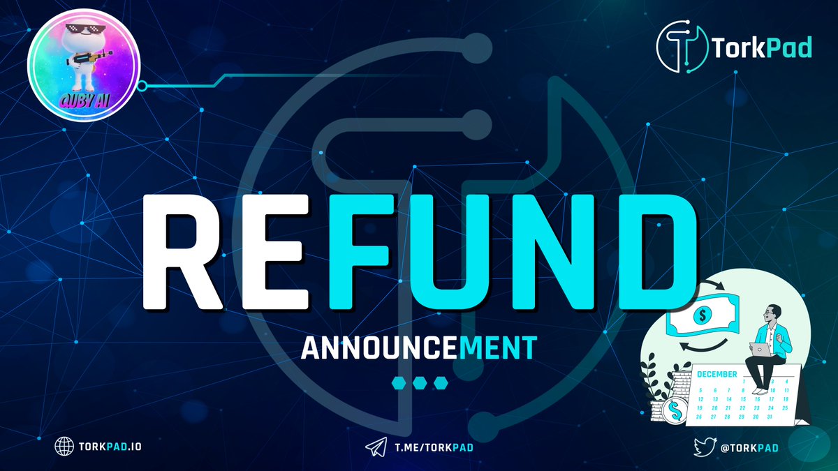 📌ANNOUNCEMENT OF QUBY AI REFUND📌 👉We will issue a refund under our Safeguard programme to all those who participated in the #QUBYAI #IDO on #TorkPad. 👉TorkPad values their investors, and all participants will be refunded within 24 hours. 👉If you have any questions, please…