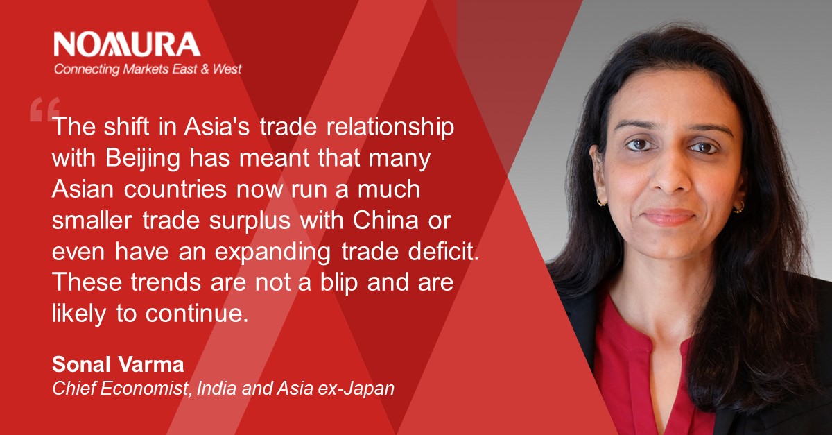 Asia's trade relationship with China is undergoing a tectonic shift as geoeconomic fragmentation unfolds. Read the @NikkeiAsia opinion piece by @SonalVarma10, our chief economist for Asia ex-Japan, to find out what the medium-term implications are: ow.ly/ovFi50RqlAY