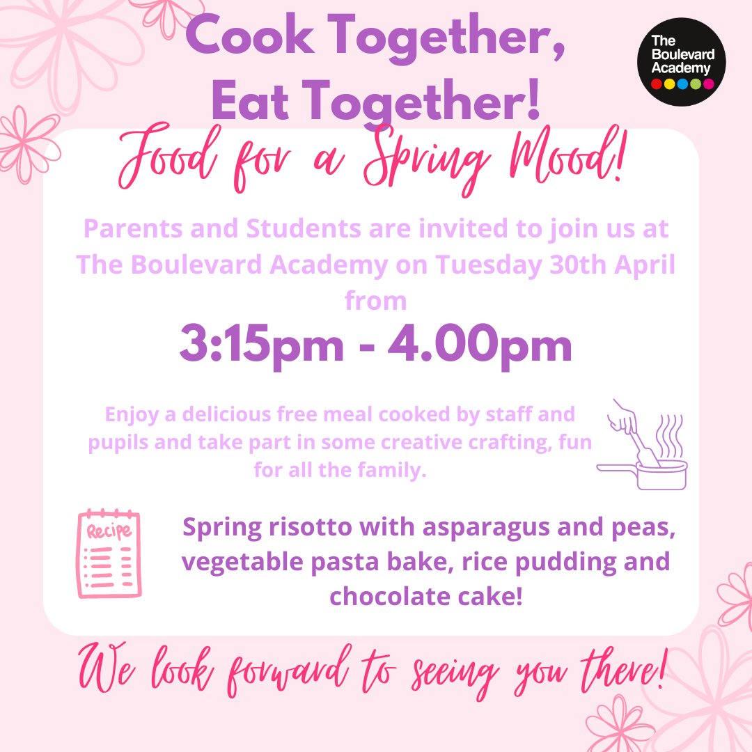 It's time for our first Summer Cook Together, Eat Together! Tomorrow (Tuesday 30th April) the Academy will again be hosting a delicious free meal for families from @ChilternPSHull, @SGP_hull and @tbahull. Prepared by students and parents from the three schools. @thrivetrust_UK