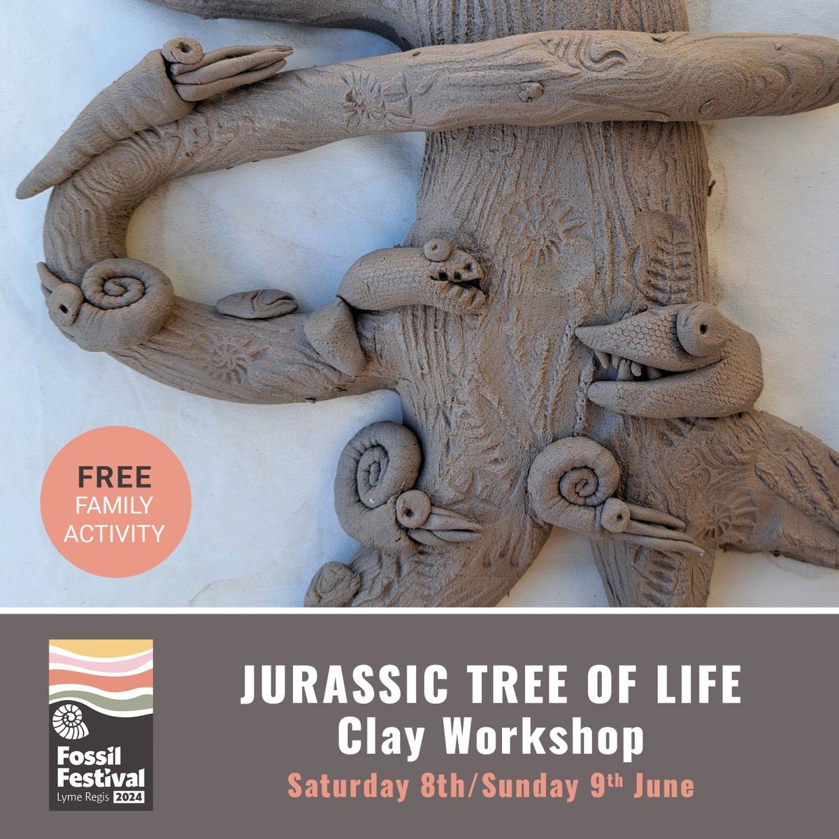 Fossil Festival 🎨CRAFT at the Jubilee Pavilion
'Jurassic Tree of Life' Clay Workshop – 8th June/9th June, 10am-4.30pm. Join in this community installation of the ‘Jurassic Tree of Life’ modelled in air drying clay and based on the Mexican tree of life! FREE, drop-in activity.