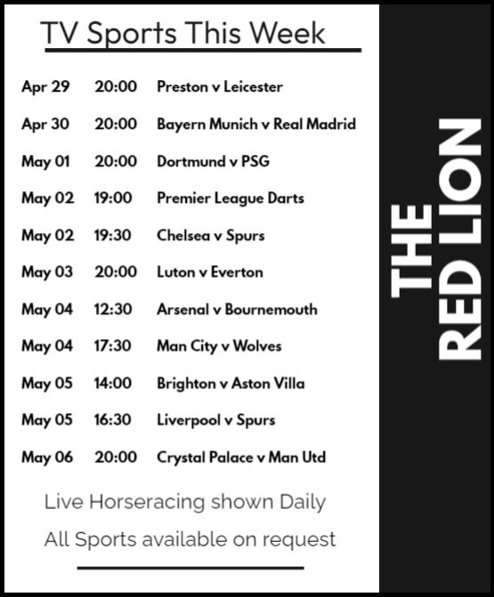 Lots of great live sports available this week at The Red Lion including Live racing from the Punchestown Festival Tues - Sat, Champions League Semi-Finals, Premier League & Championship action, GAA and Premier League Darts. #TheRedLion #Bagenalstown #Carlow #LiveTVSports