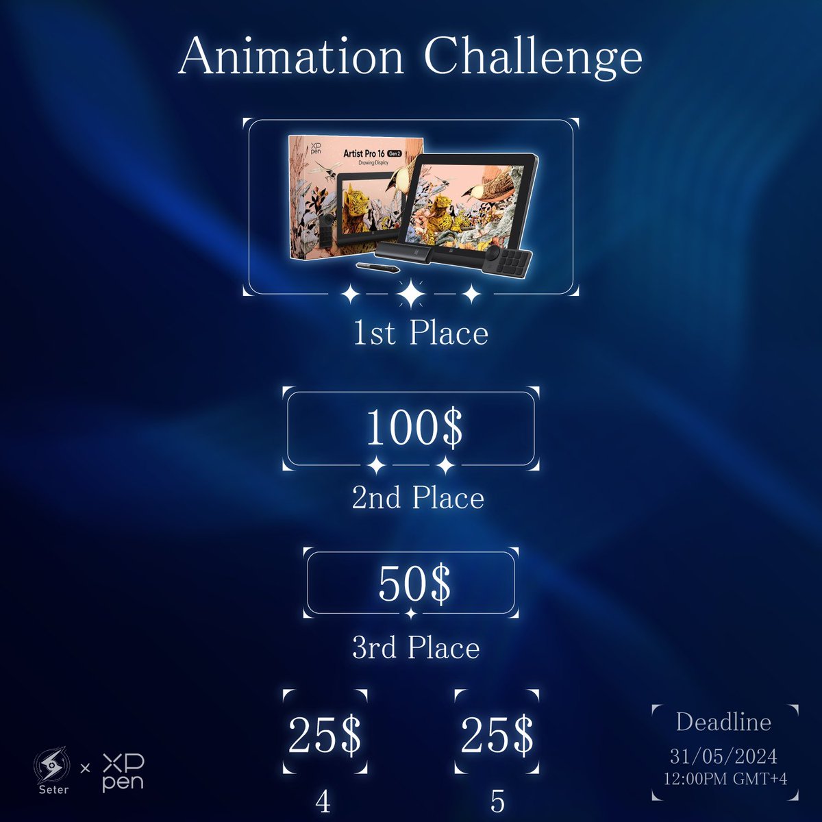 ⚠️ANIMATION CHALLENGE⚠️

Hey there. I am hosting an art animation challenge called - Art In Motion  #artinmotionchallenge #xppen

Prizes: 
1st Place - Xp-Pen Artist Pro 16 (Gen 2)
2nd Place - 100$
3rd - 50$
4/5th - 25$

Rules ↓