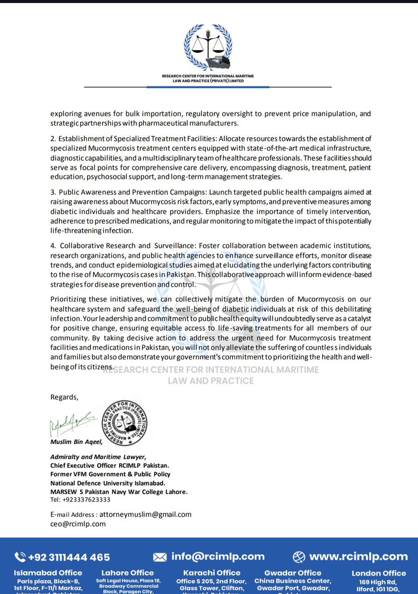 Letter written to CM Punjab Ms. Maryam Nawaz Sharif on grounds of Urgent Appeal for Immediate Action on #Mucormycosis (#Black_Fungus)
#Treatment Availability in #Pakistan.
@MaryamNSharif @CMShehbaz @nhsrcofficial @DiabetesUK @UNFPAAsiaPac @WHO @GovtofPunjabPK @GovtofPakistan