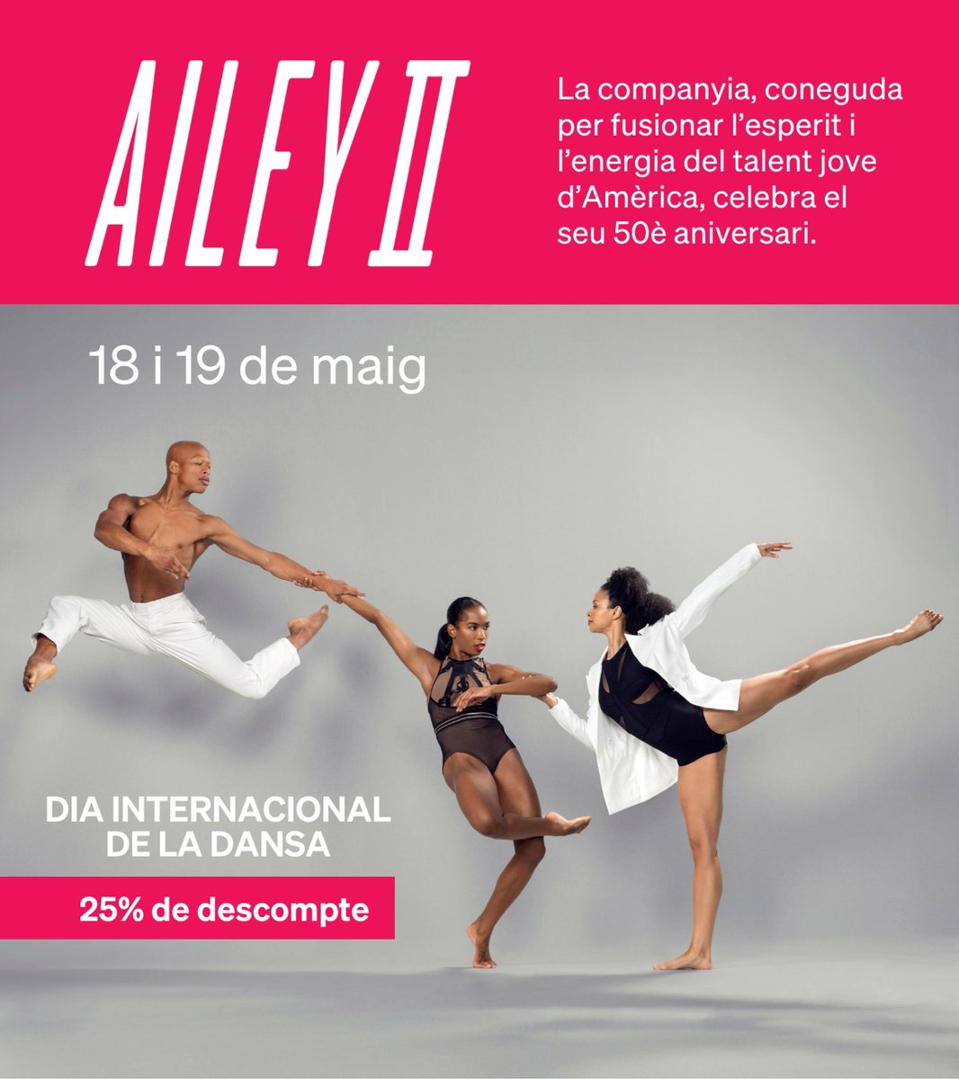 AVUI, DIA INTERNACIONAL DE LA DANSA!

Gaudeix del 25% de dte. per veure l'aclamada companyia nord-americana AILEY II.
➡️lafactcultural.cat/programacio/ai…

Enganxa't a la passió dels seus ballarins!

#did #wdd #ballet #dansa #diainternacionaldeladansa
*Promoció vàlida fins a les 23'59h