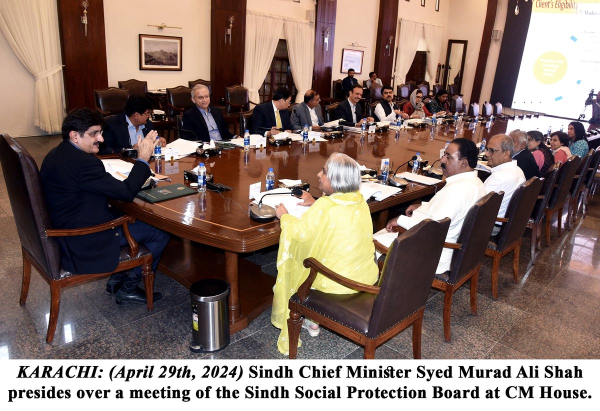 KARACHI: (April 29th, 2024) Sindh Chief Minister Syed Murad Ali Shah presides over a meeting of the Sindh Social Protection Board at CM House.