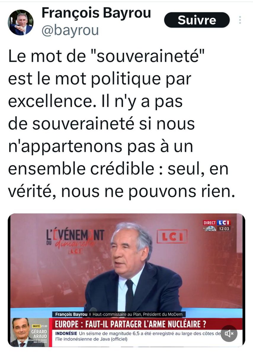 Bayrou c'est Orwell en fait Bientôt il ça nous sortir que la guerre c'est la paix