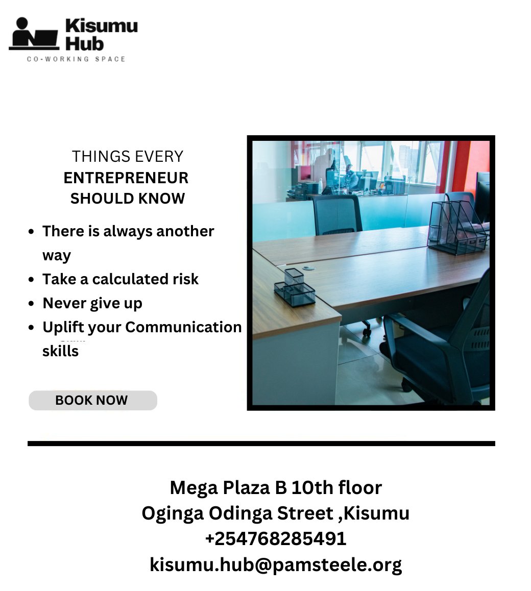 kisumu_hub's tweet image. Say hello to a workspace tailored just for you. Your personal haven for productivity, creativity, and focus.
#coworkingkisumu #kisumuhub #dedicateddesk

☎+254768285491
✉kisumu.hub@pamsteele.org