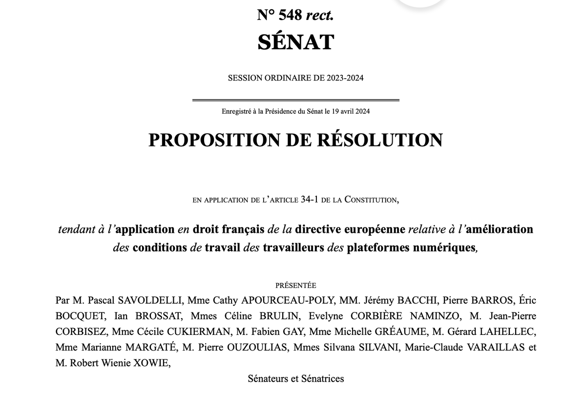 Les @senateursCRCE viennent de déposer une proposition de résolution pour demander au gvt de transposer sans attendre dans notre droit la directive européenne sur les conditions de travail dans les plateformes numériques. Avant les élections européennes ?