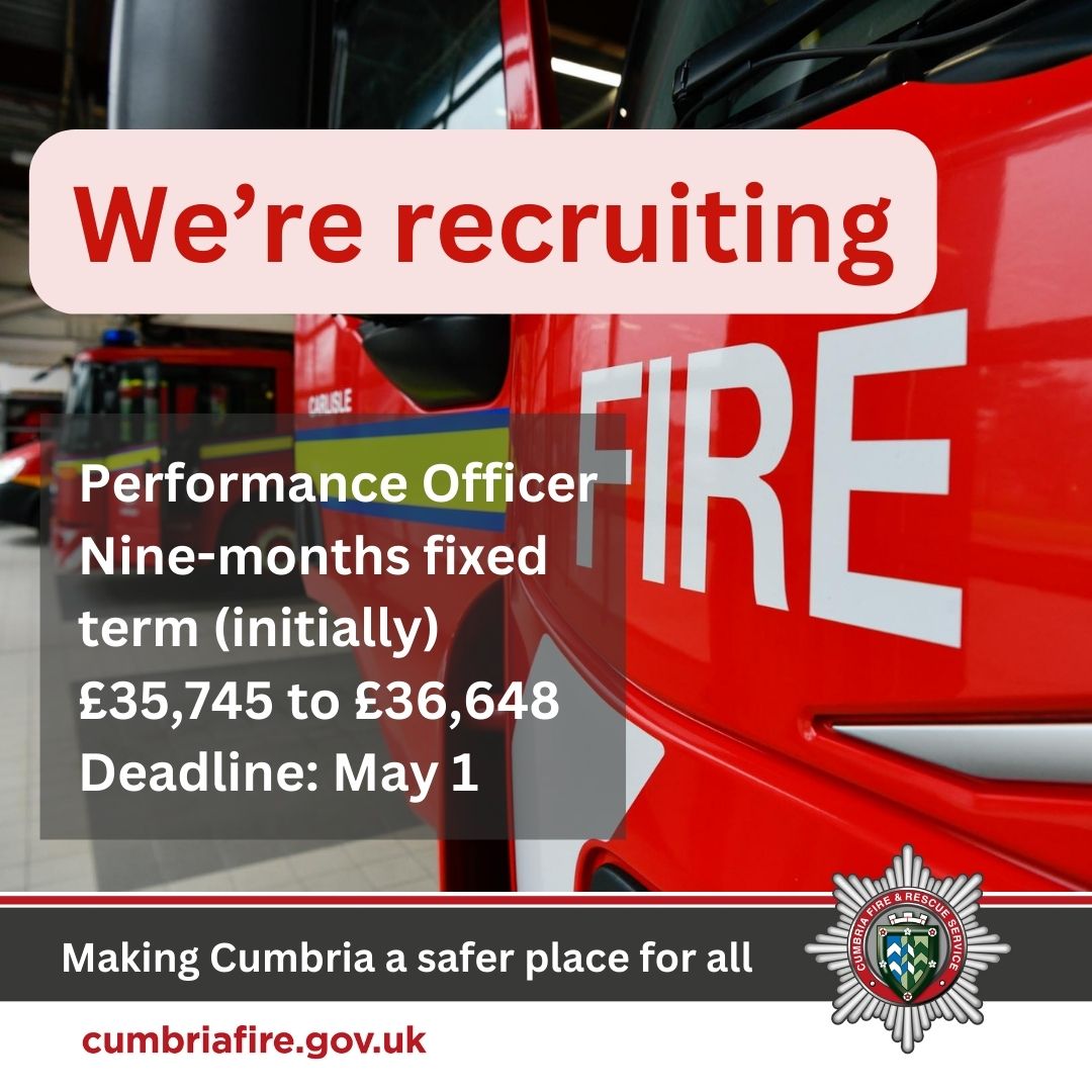 Don't miss the chance to apply for our Performance Officer vacancy before Wednesday's deadline. For more information and to apply, visit: cumbriafire.gov.uk/cfrs0125-perfo…