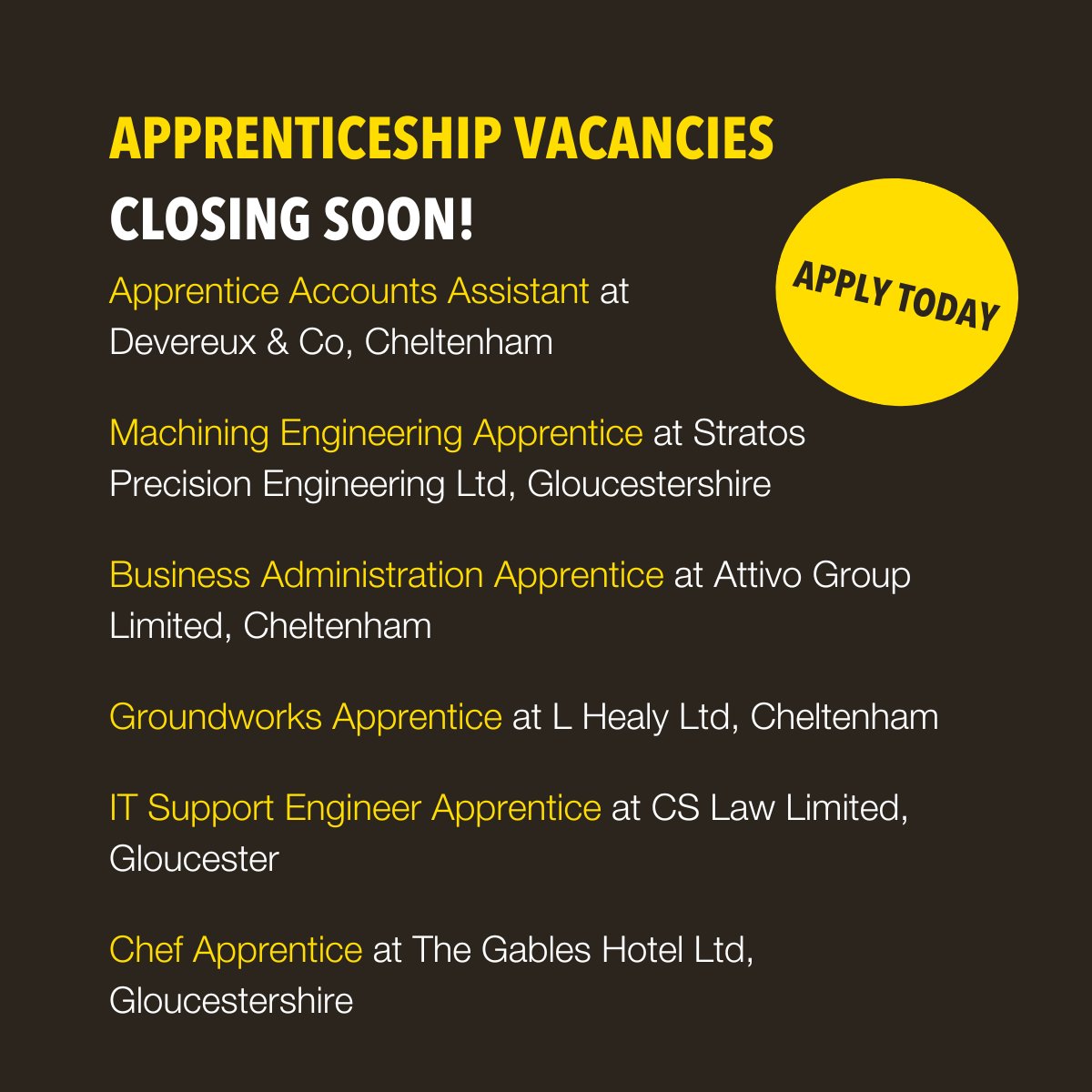 Check out this week's roundup of apprenticeship opportunities available with employers in Gloucestershire. 👏 If you’ve chosen your perfect career path, search our live vacancies or apply for one of our apprenticeship programmes online: bit.ly/49eZxAC