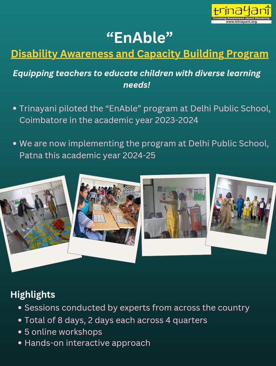 'En-able' stands as a testament to our commitment: empowering educators and nurturing inclusion!

Feel free to connect to know more about the program.

#EnAbleProgram #DisabilityAwareness #CapacityBuilding #InclusiveEducation #SpecialNeedsEducation #TeacherTraining #NgoTrinayani