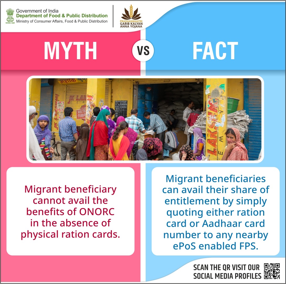 Myth busted! 

It is not mandatory to have a physical ration card, instead migrant beneficiaries can access their entitlements with just a ration card or Aadhaar number.
 
#MythVsFact #ONORC