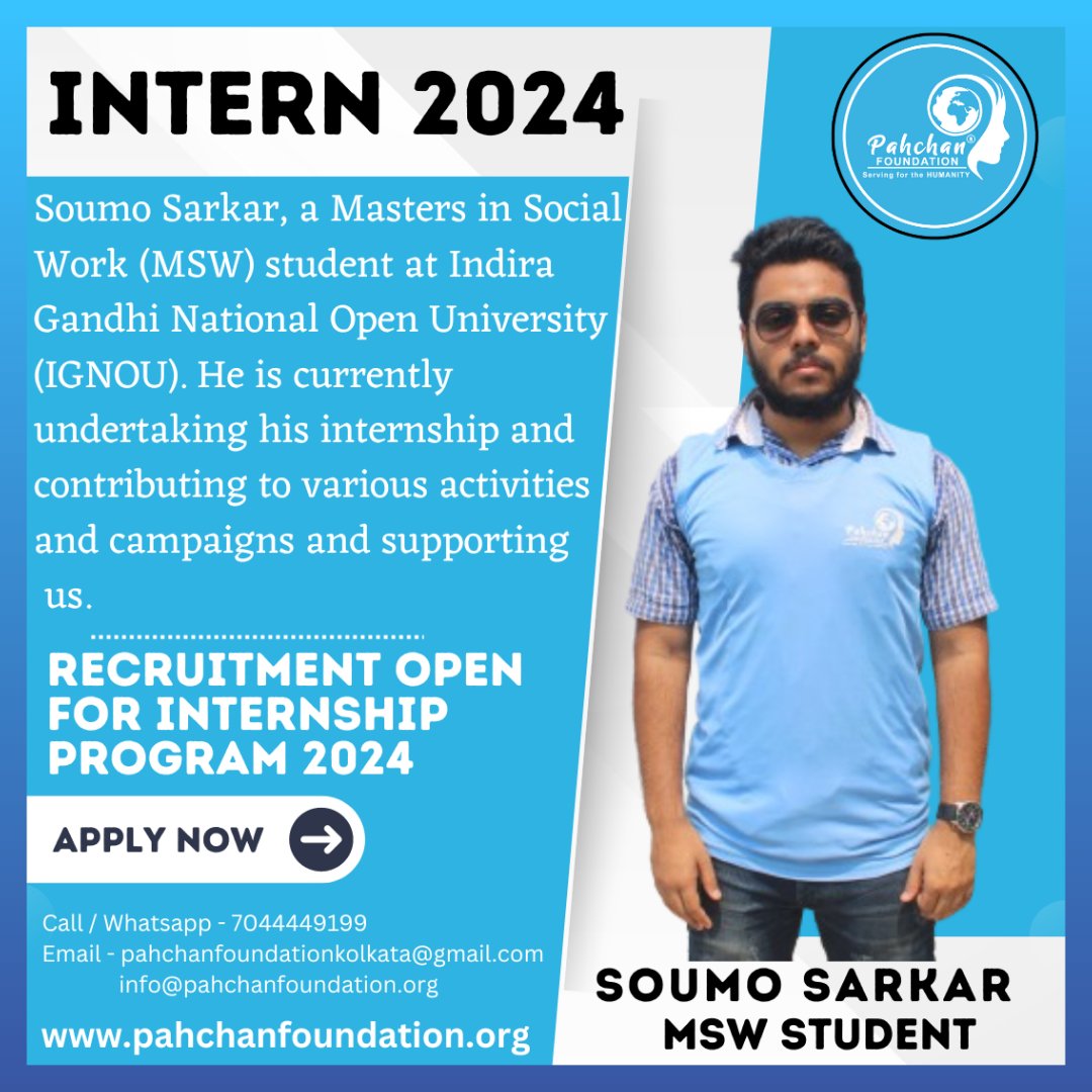 #𝗜𝗻𝘁𝗲𝗿𝗻𝟮𝟬𝟮𝟰

Let's meet Soumo Sarkar, a Masters in Social Work (MSW) student at @OfficialIGNOU...facebook.com/share/p/Um7zEM…

#pahchanfoundation #TeamBlue #Titagarh #NGO #servingfortheHUMANITY #Kamarhati #internship #interns #internshipprogram #internshipopportunity