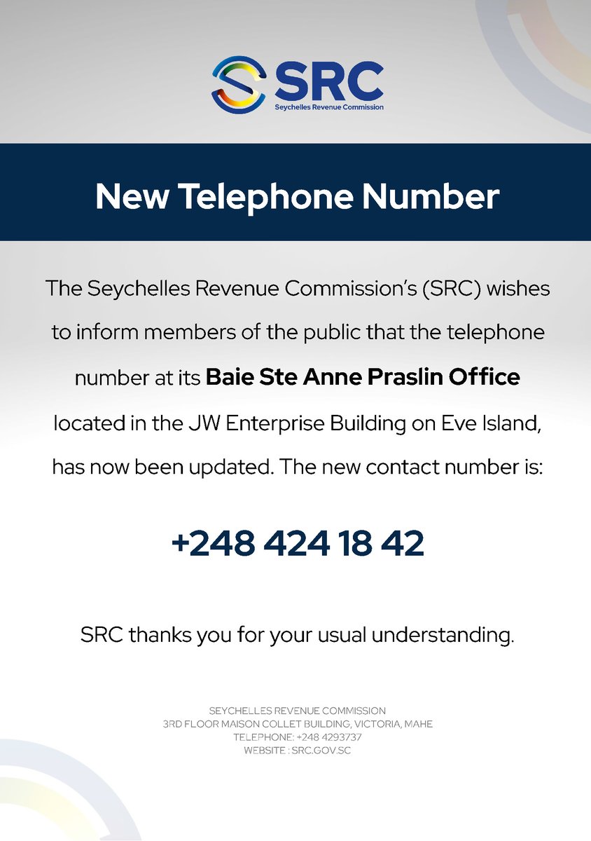 SRC's Baie Ste Anne Praslin office is now reachable through its newly updated telephone number.