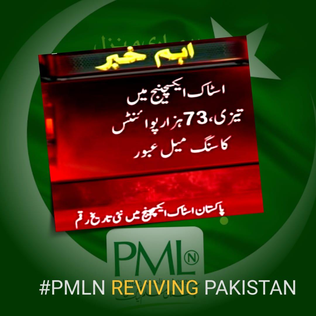 #PMLNRevivingPakistan اسٹاک مارکیٹ میں نئی تاریخ رقم!! الحمدللہ پاکستان مسلم لیگ ن جب بھی اقتدار میں آئی ملک کو درست راہ پر گامزن کیا ملک کو معاشی اعتبار سے استحکام کے ٹریک پر لائے پاکستان کے وقار کو بحال کیا ہر گزرتا دن پاکستان معاشی اعتبار سے مزید مضبوط اور مستحکم ہوگا!!