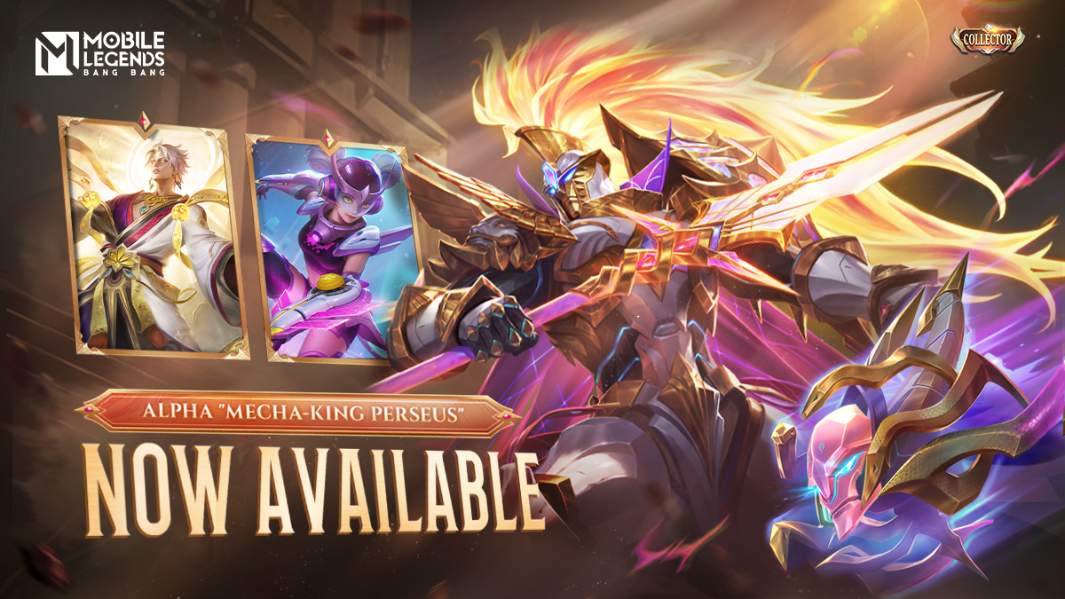 The new Collector skin - Alpha 'Mecha-King Perseus' is now available! Wanwan 'Pixel Blast' and Vale 'Supernal Tempest' will also be joining the prize pool. Don't miss out if you are fond of them! #MobileLegendsBangBang #MLBBNewSkin #MLBBCollector