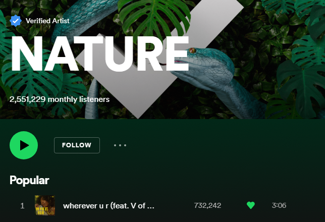 Congratulations to new version of 'wherever u r' for becoming most popular track under NATURE Spotify profile 🎉