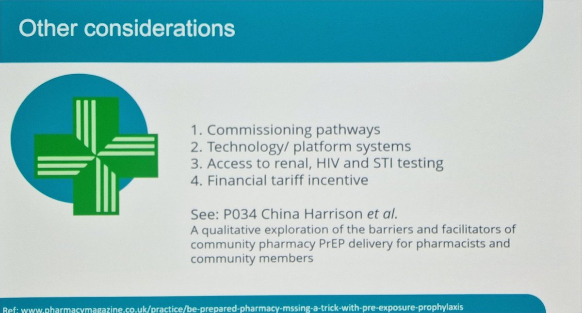 Where do we want to be with PrEP delivery &amp; how can we get there?
Pharmacies are an option but impt barriers to consider....not least appropriate funding. Facilitators &amp; impt considerations listed  <a href="/DHSCgovuk/">Department of Health and Social Care</a> <a href="/OHID/">Office for Health Improvement and Disparities</a>
<a href="/saunders_j/">John Saunders</a> #bhiva24