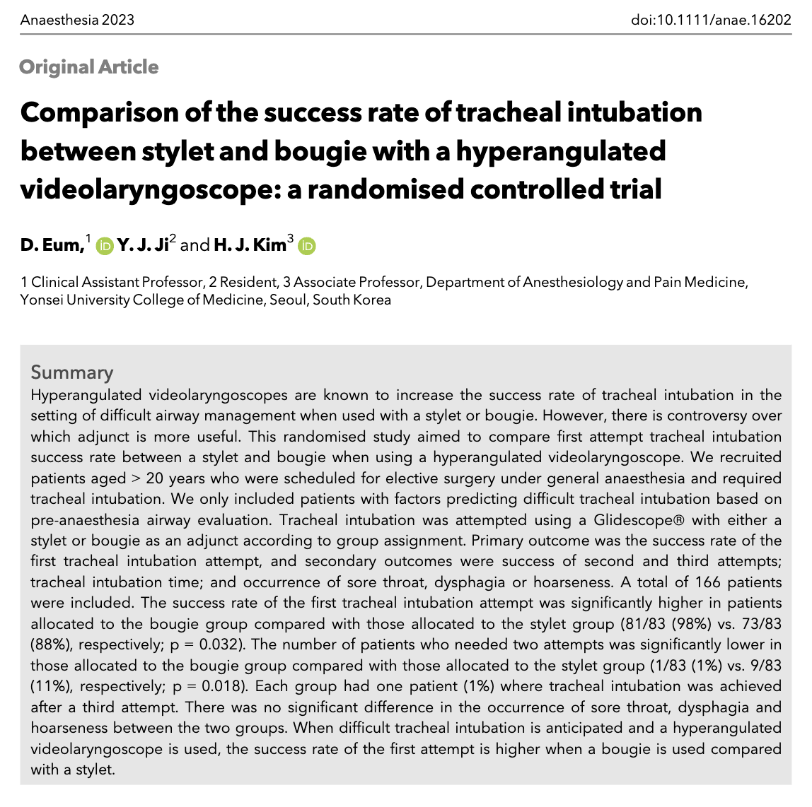 🔓Comparison of the success rate of tracheal intubation between stylet and bougie with a hyperangulated videolaryngoscope: a randomised controlled trial 🔗…-publications.onlinelibrary.wiley.com/doi/10.1111/an…