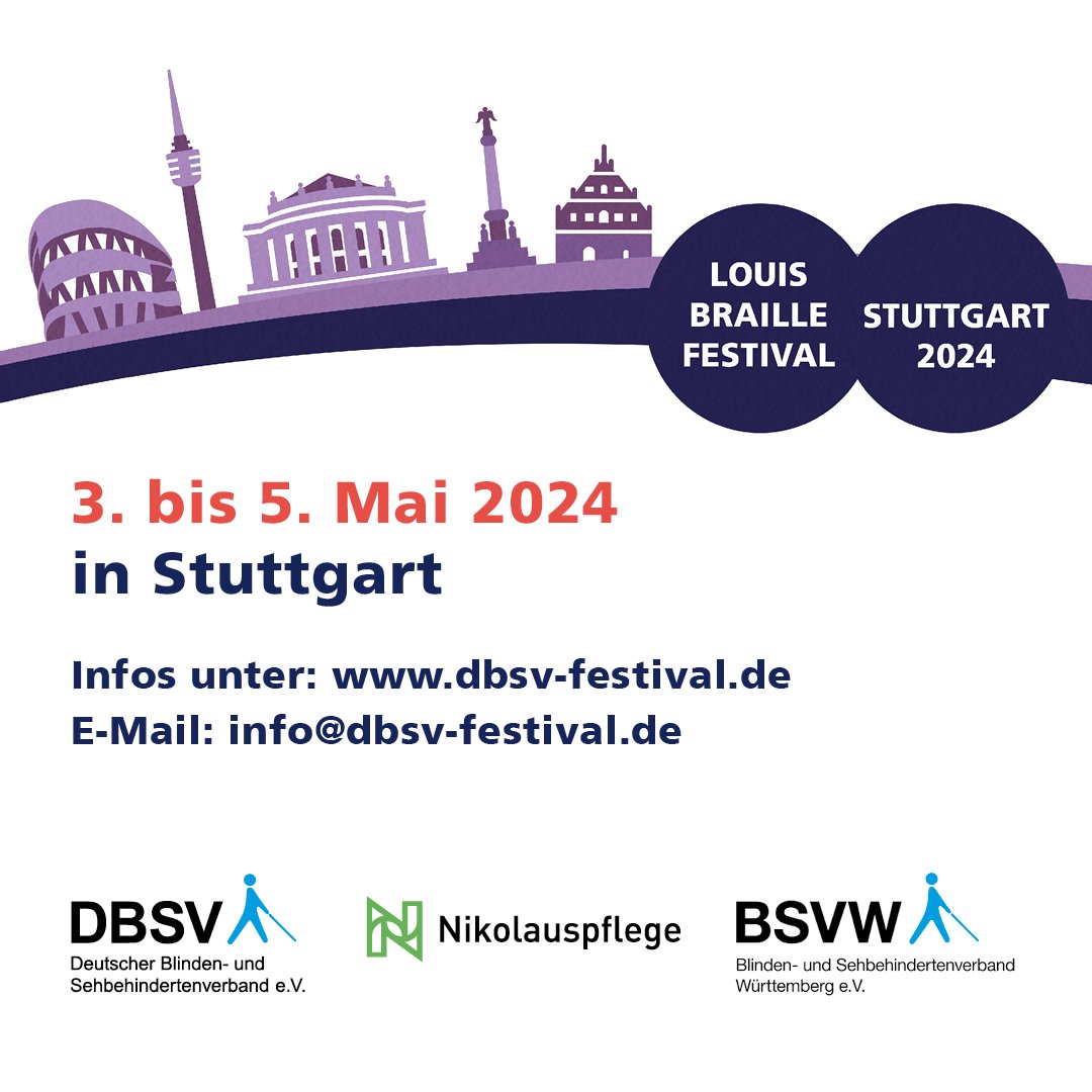 Am Freitag ist es soweit: Das Louis-Braille-Festival beginnt in Stuttgart. Wir sind natürlich auch mit dabei. Ihr trefft uns am Freitag und Samstag mit einem Stand im Foyer der Liederhalle sowie zu zwei verschiedenen Workshops an beiden Tagen

Wir freuen uns auf euch!