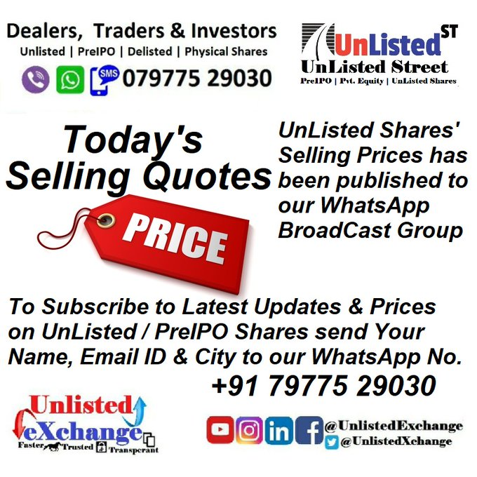 Today's Top Traded #UnListed Stocks - 29 April 24 
#TataCapital 
#CSK (IPL Team) 
#Waree 
#HDBFinancial 
#PharmEasy 
#IXIGO 
#oyorooms 
#OrbisFin 
#BoAt  

We Send Rates to all our Clients Daily.  
Are you Interested? 
Send UXRates WhatsApp to 07977529030
#PreIPO #UnlistedShares