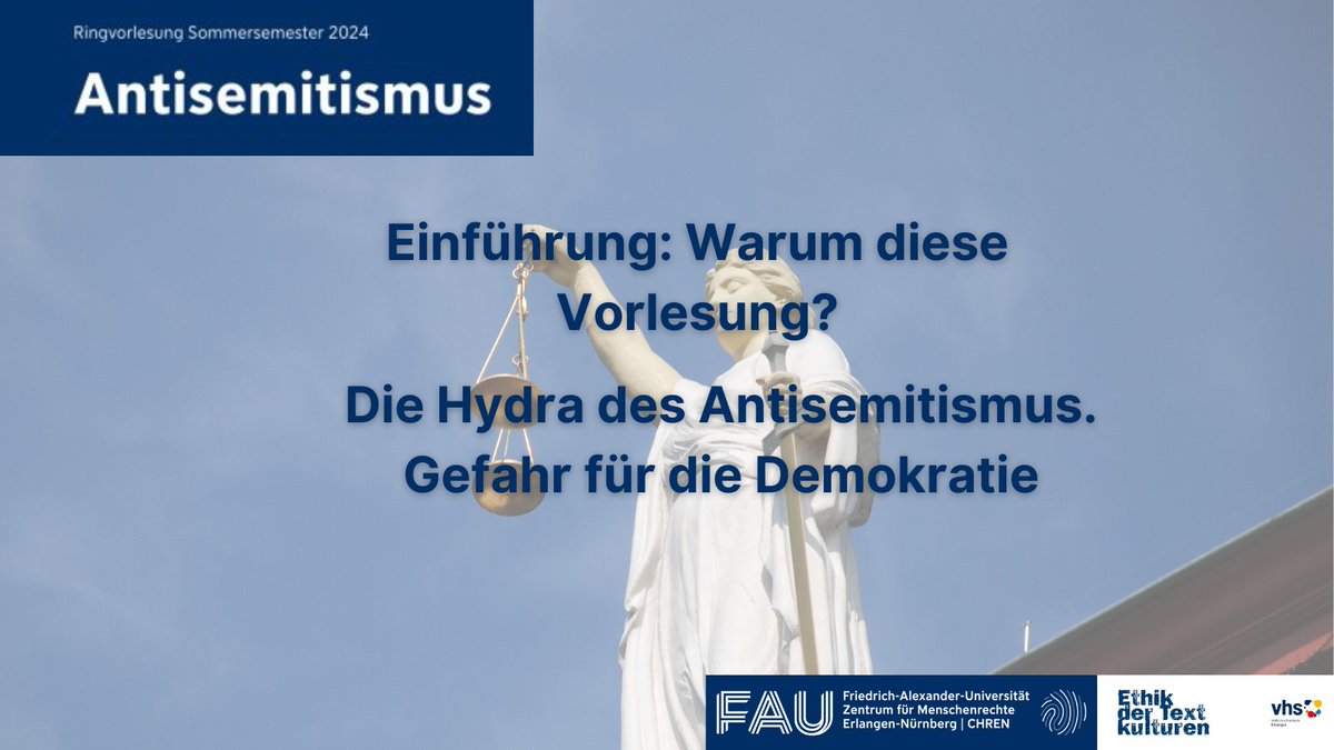 Ringvorlesung Antisemitismus. Eine Einführung von @kherkendell, Antje Kley und Eva Forrester sowie ein Vortrag von Heiner Bielefeldt ⌚️30. April 2024, 18:15 Uhr 📍Kollegienhaus Senatssaal, Universitätsstraße 15, Erlangen #fau #ringvorlesung #Antisemitismus