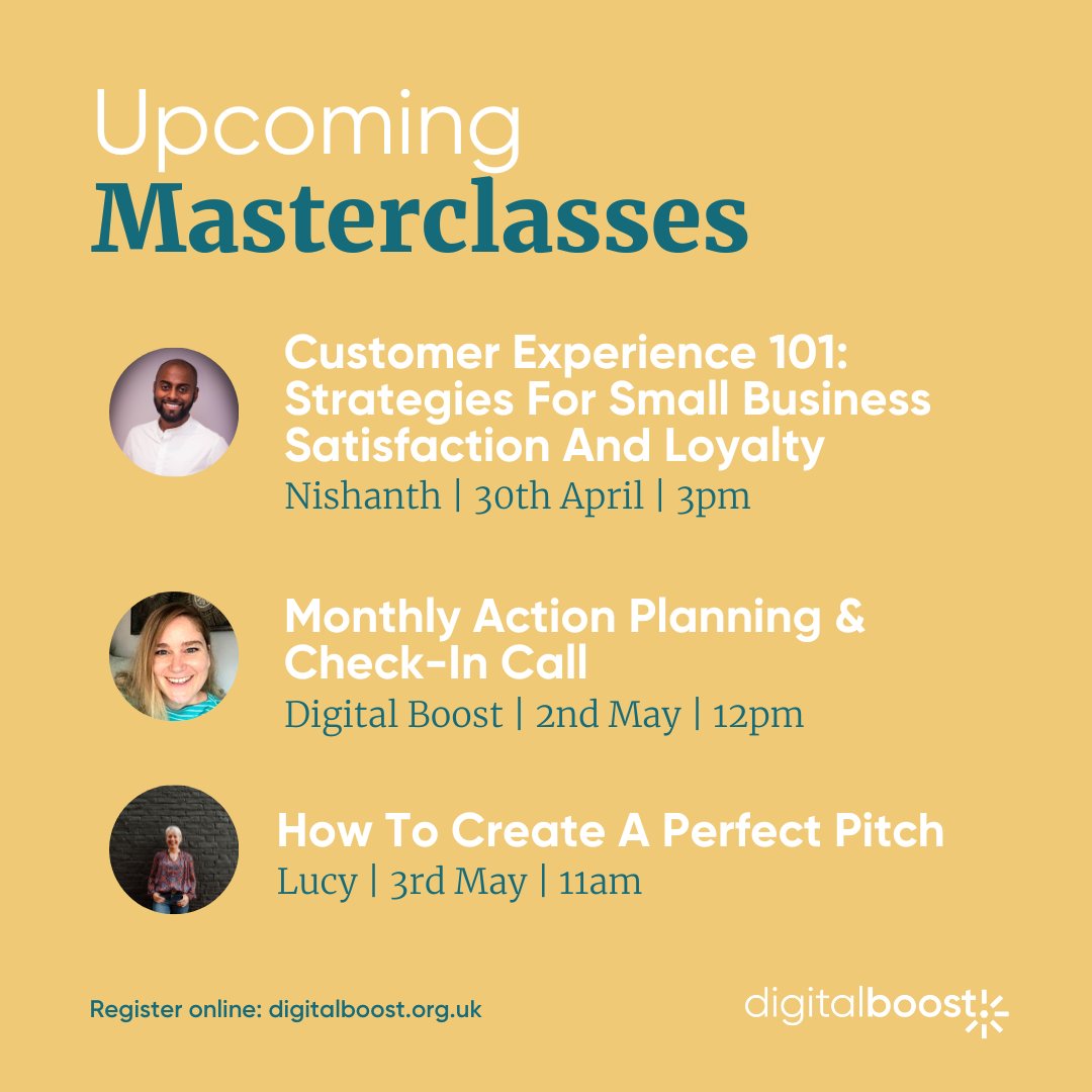 Our Masterclass lineup for this week is looking 🔥 All our Masterclasses are totally 🆓 to join and you can register here 👇 eu1.hubs.ly/H08PP_k0 #DigitalBoost #Planning #Pitch #CustomerExperience #SmallBusiness #Charity #Webinar #Goals #BusinessPlan #Accountability