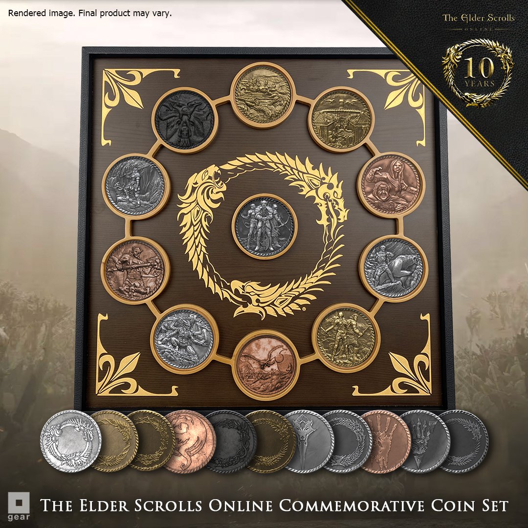 ⚔️ 10 años de TESO, ¡10 años de aventuras! 🏹 Conmemorad una década de juego con este nuevo set de monedas de Tamriel para coleccionistas. Disponible en @BethesdaGearInt 👇 🔗 beth.games/44gpiQf