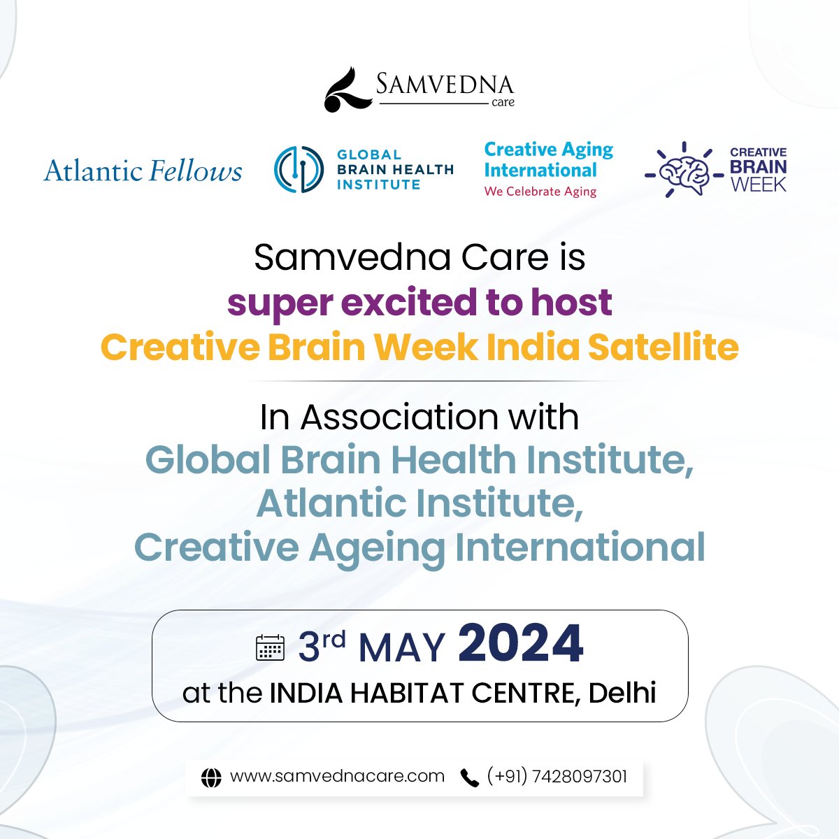 We are delighted to host the prestigious workshop on Creative Brain Week India in Delhi on 3rd May, 2024 at the India Habitat Centre, Delhi. @CreativeAgeIntl @GBHI_Fellows #Samvednacare #GlobalBrainHealthInstitute #AtlanticInstitute #CreativeAgeingInternational