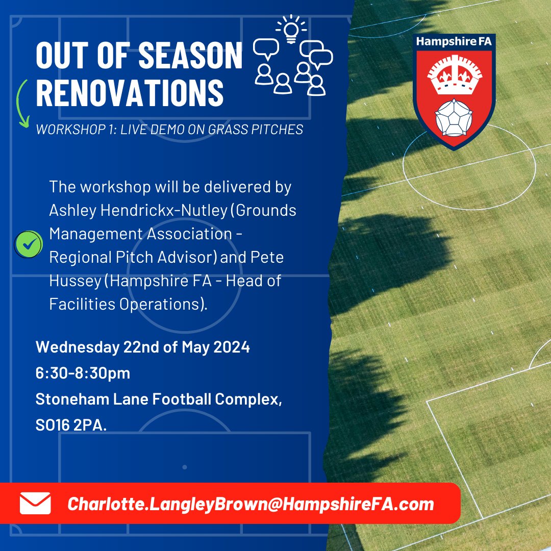 Sign up to our first free facilities workshop at Stoneham Lane Football Complex.🙌 The workshop will offer a live demo on grass pitches, following on from our Grounds & Maintenance forum. Follow the link to find out more👇 bit.ly/3PPstZ4