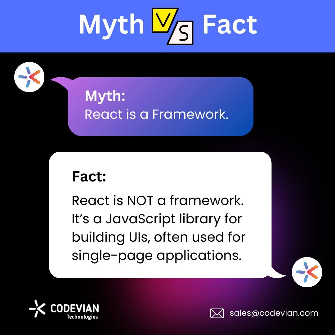 CodevianTech's tweet image. React, a JavaScript library, is often confused as a framework. However, it is a powerful tool mainly used for building single-page applications.

#facts #developementfacts #mythvsfacts #techfacts