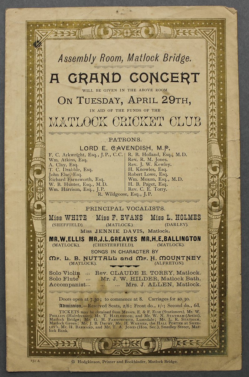 #OnThisDay in the late 19th century a Grand Concert was held at the Assembly Room, Matlock Bridge, in aid of the Matlock Cricket Club. @DarleyDaleCC @MatlockCricket