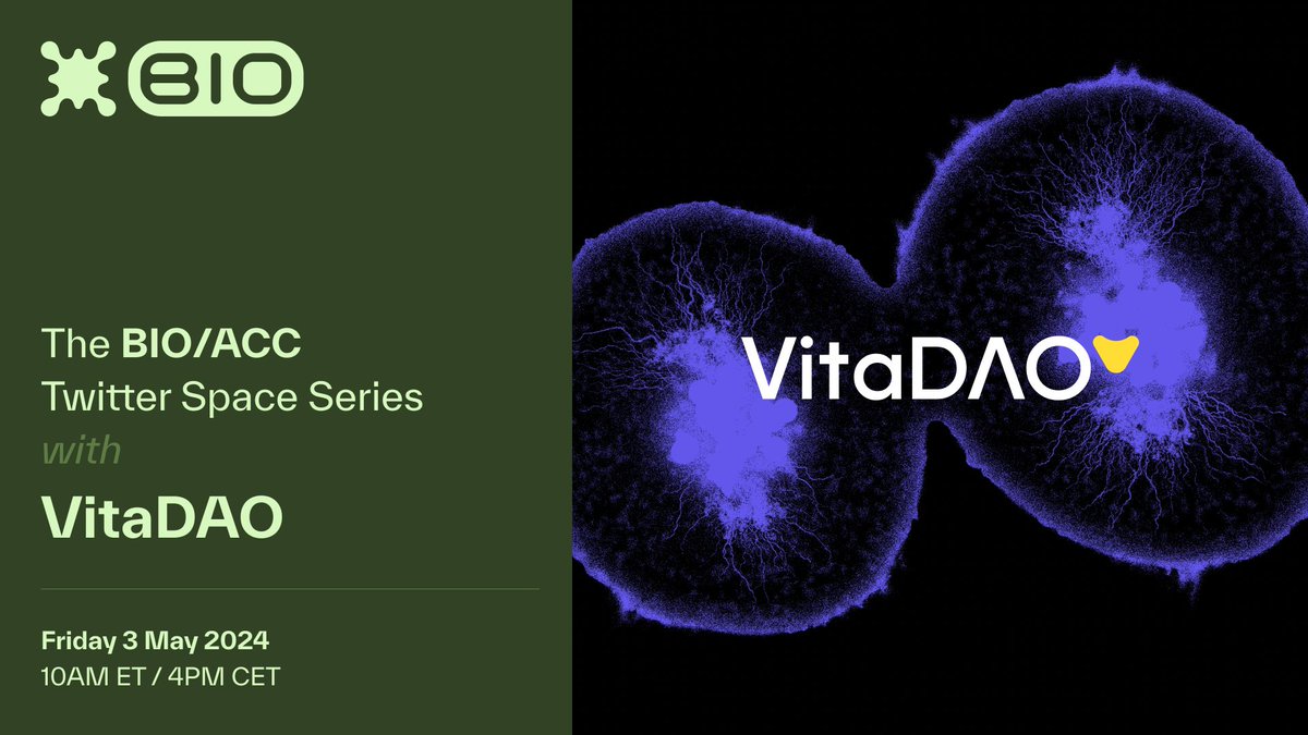 Bio/Acc Series: Meet @vita_dao - Funding early stage longevity research 💛 Set a reminder: 👇 twitter.com/i/spaces/1ynJO…