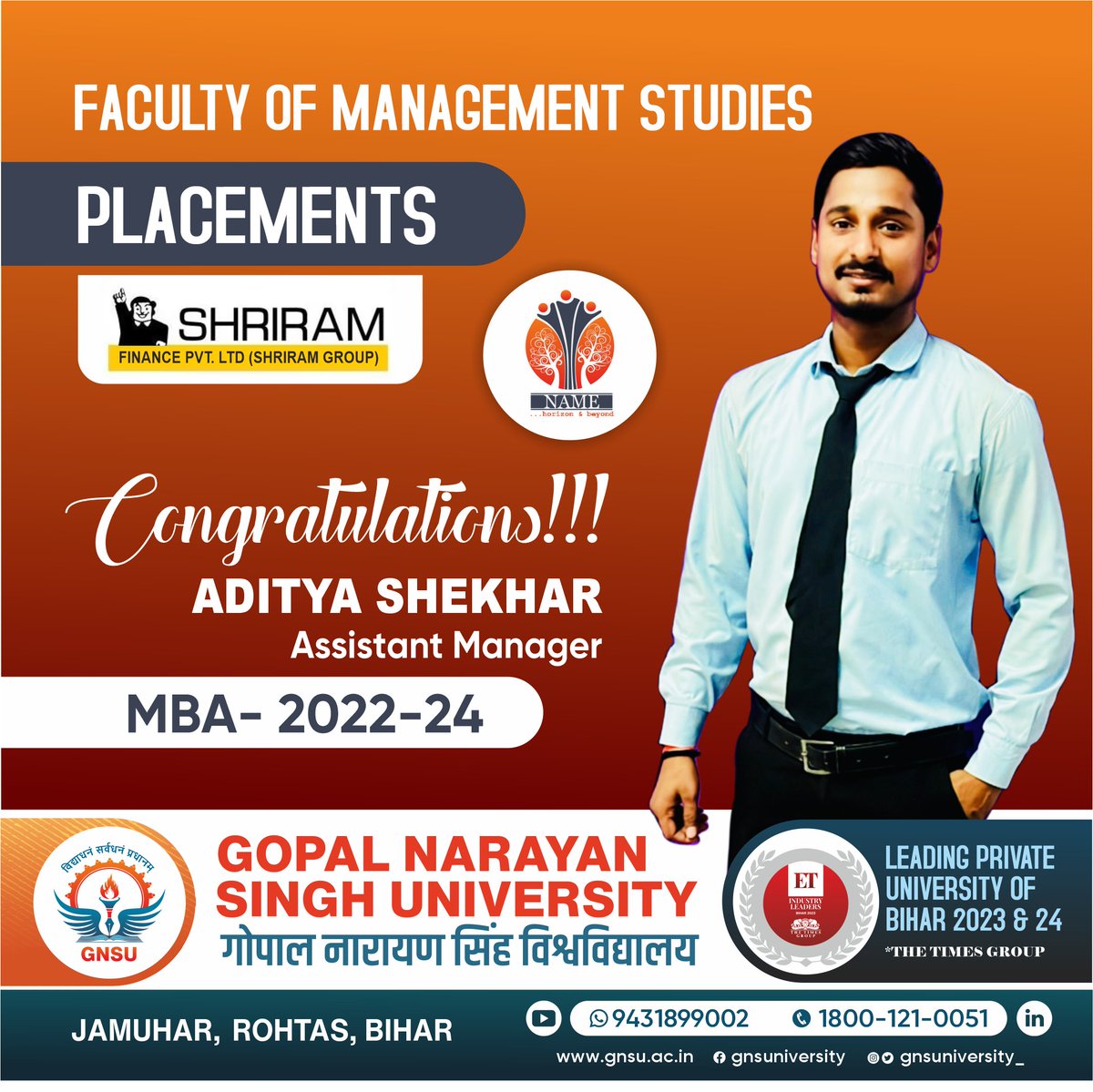 𝐂𝐨𝐧𝐠𝐫𝐚𝐭𝐮𝐥𝐚𝐭𝐢𝐨𝐧𝐬!

𝗕𝗲𝘀𝘁 𝘄𝗶𝘀𝗵𝗲𝘀 𝗳𝗼𝗿 𝘆𝗼𝘂𝗿 𝗯𝗿𝗶𝗴𝗵𝘁 𝗳𝘂𝘁𝘂𝗿𝗲 𝗮𝗵𝗲𝗮𝗱!

#gnsu #Congratulations #success #placement #studentsuccess #Bihar #bestwishes #fms #Management #assistantmanager