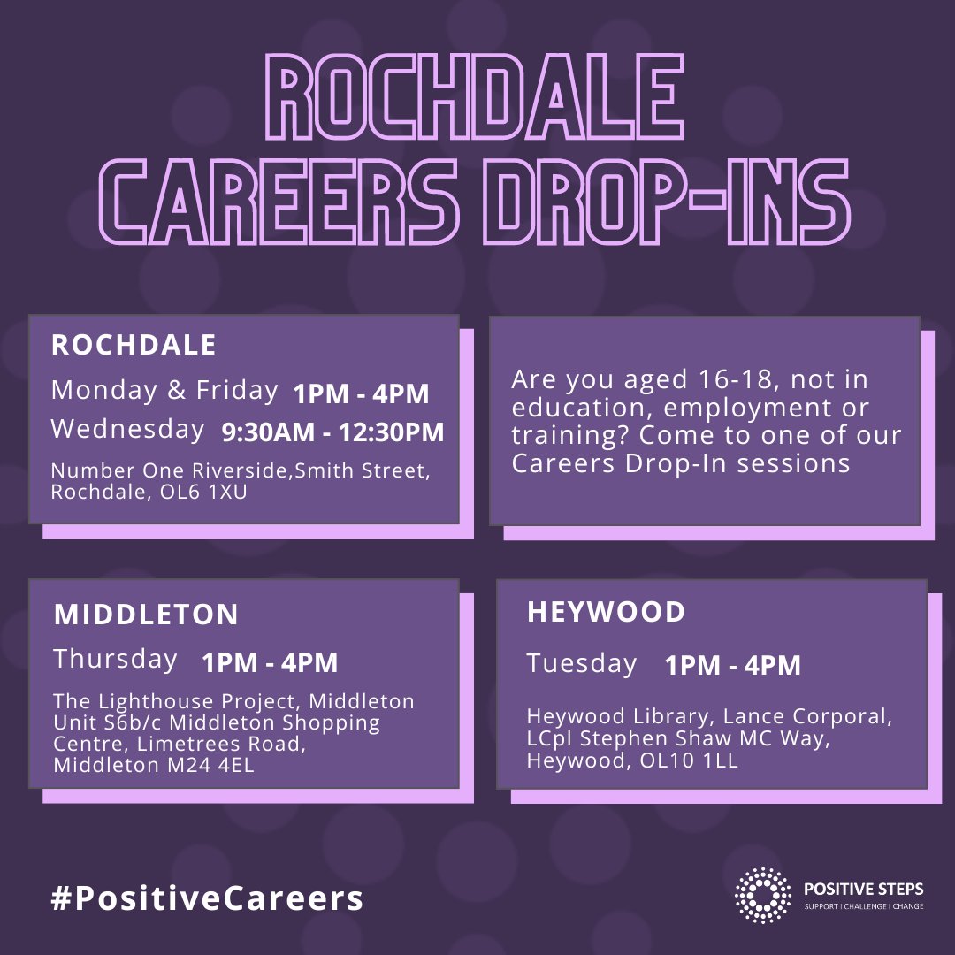 Are you aged 16-18, not in education, employment or training? Come to one of our Careers Drop-In sessions in Rochdale every week! Contact us any time or call our helpline Monday -Friday - 0161 621 9400 💜 #positivecareers