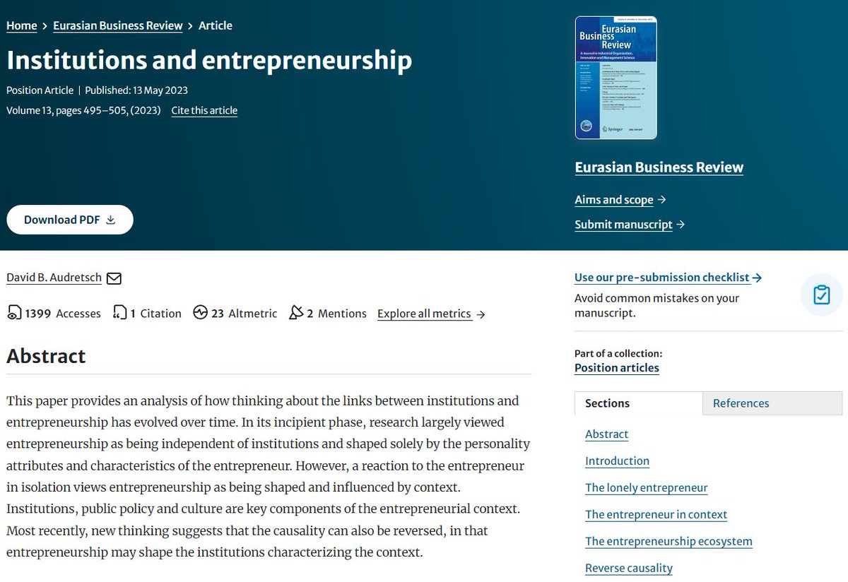 📢Freely accessible from 1 May until 26 June 2024📢 Eurasian Business Review: Institutions and entrepreneurship by David B. Audretsch doi.org/10.1007/s40821… Wishing you an enjoyable read! @ebesofficial @mvivarel